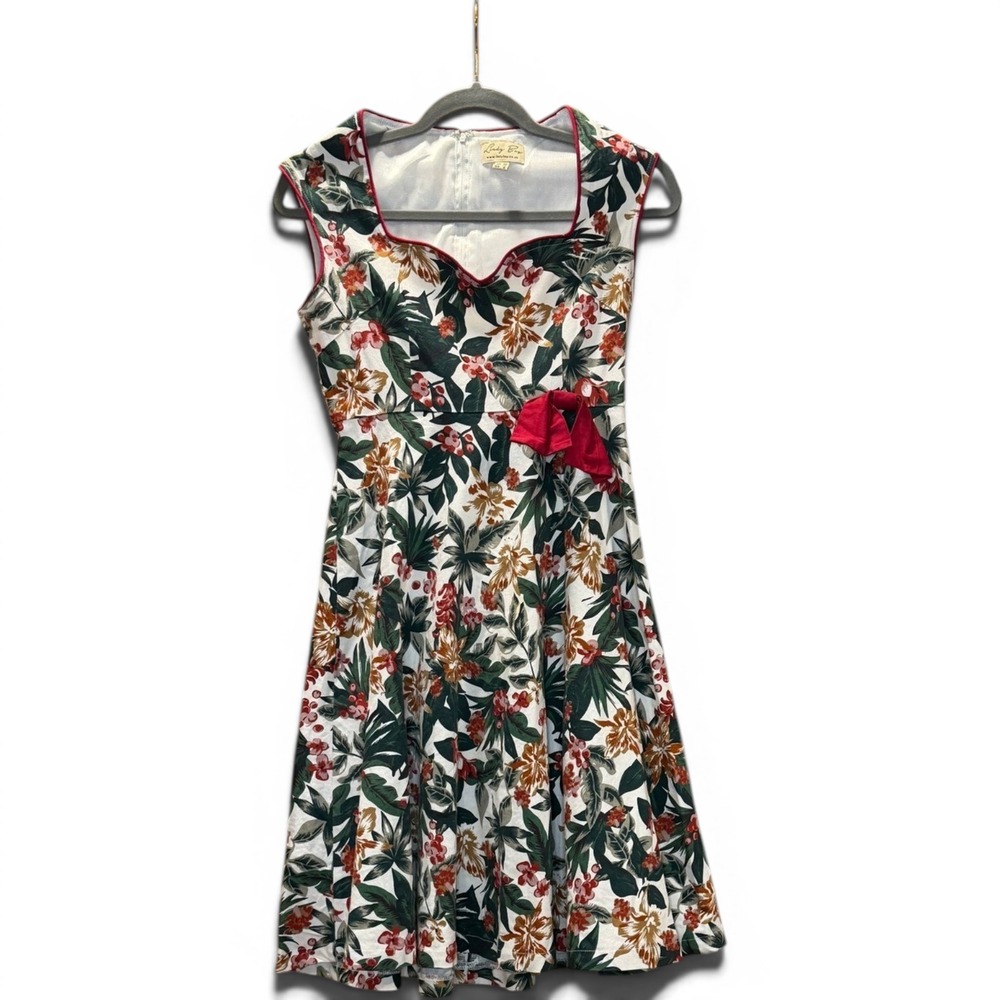 Lindy Bop Tropical Floral Swing Dress Rockabilly Retro 50s Style White Red Green